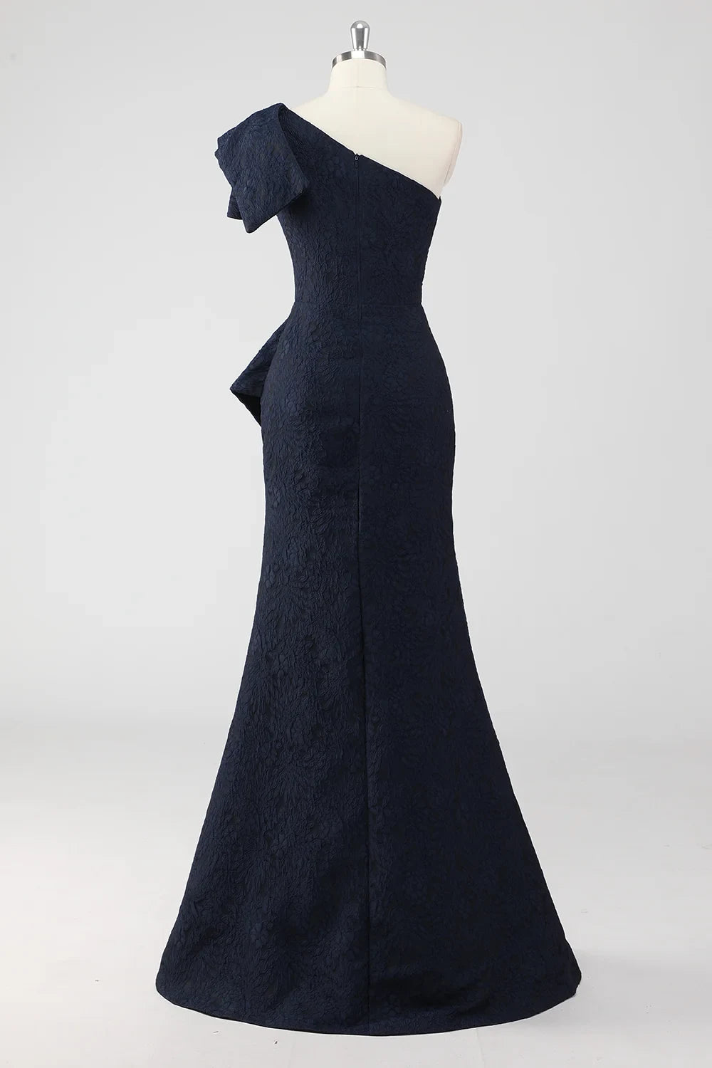 Elegant Mermaid One-Shoulder Ruffled Cascading Navy Floor-Length Prom Dresses Gown