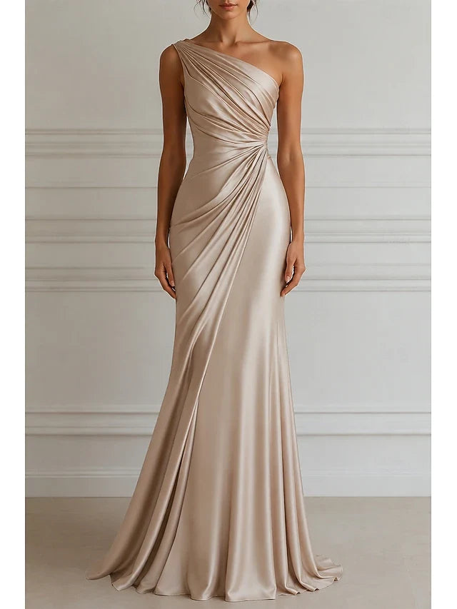 Elegant Mermaid One-Shoulder Sleeveless Ruched Draped Champagne Floor-Length Women's Prom Gown