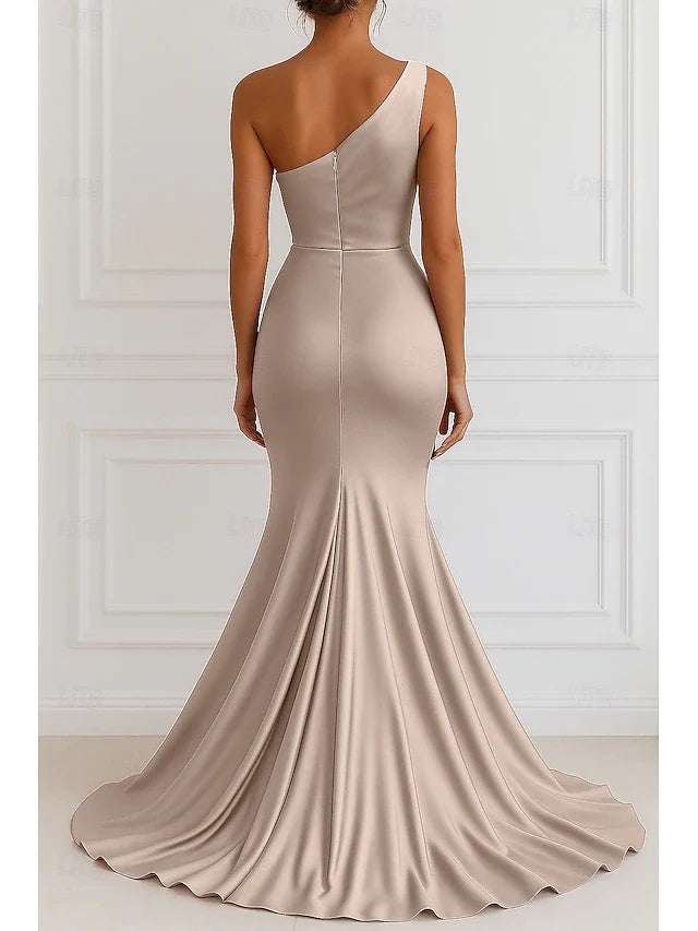 Elegant Mermaid One-Shoulder Sleeveless Ruched Draped Champagne Floor-Length Women's Prom Gown