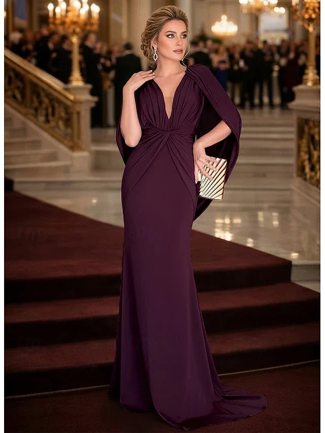 Elegant Mermaid Plunging V-Neck Cape Sleeve Ruched Dark Plum Floor Prom Gown