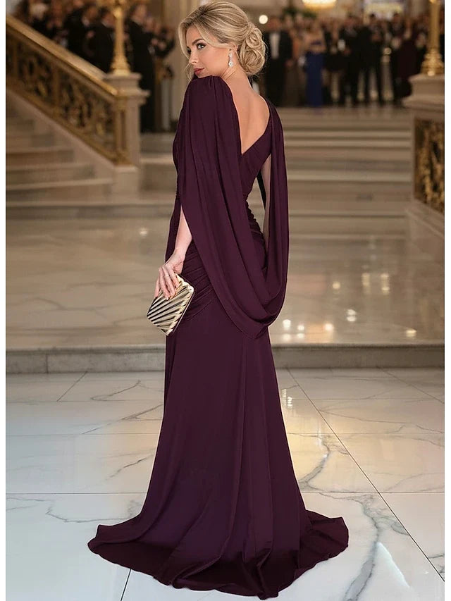 Elegant Mermaid Plunging V-Neck Cape Sleeve Ruched Dark Plum Floor Prom Gown