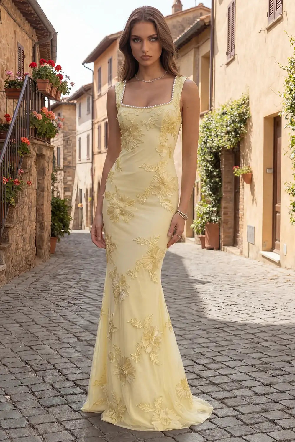 Elegant Mermaid Square Neck Sleeveless Pearl Strap Pastel Yellow Floor-Length Prom Gown