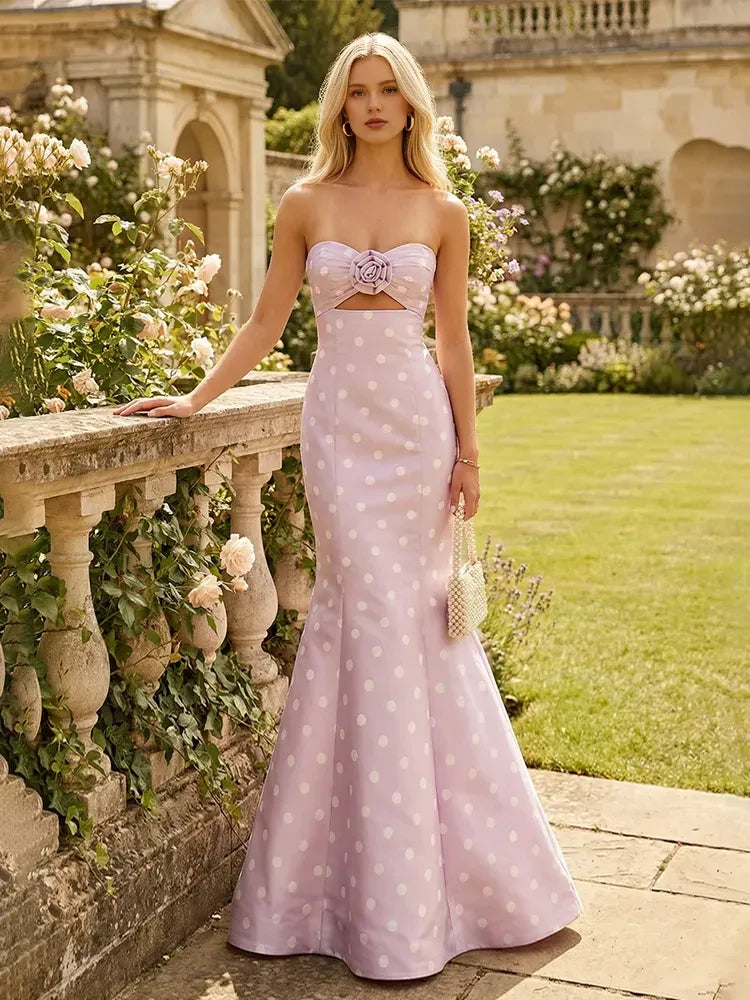 Elegant Mermaid Strapless Polka Dot Floral Lavender Floor-Length Prom Dresses Women's Gown