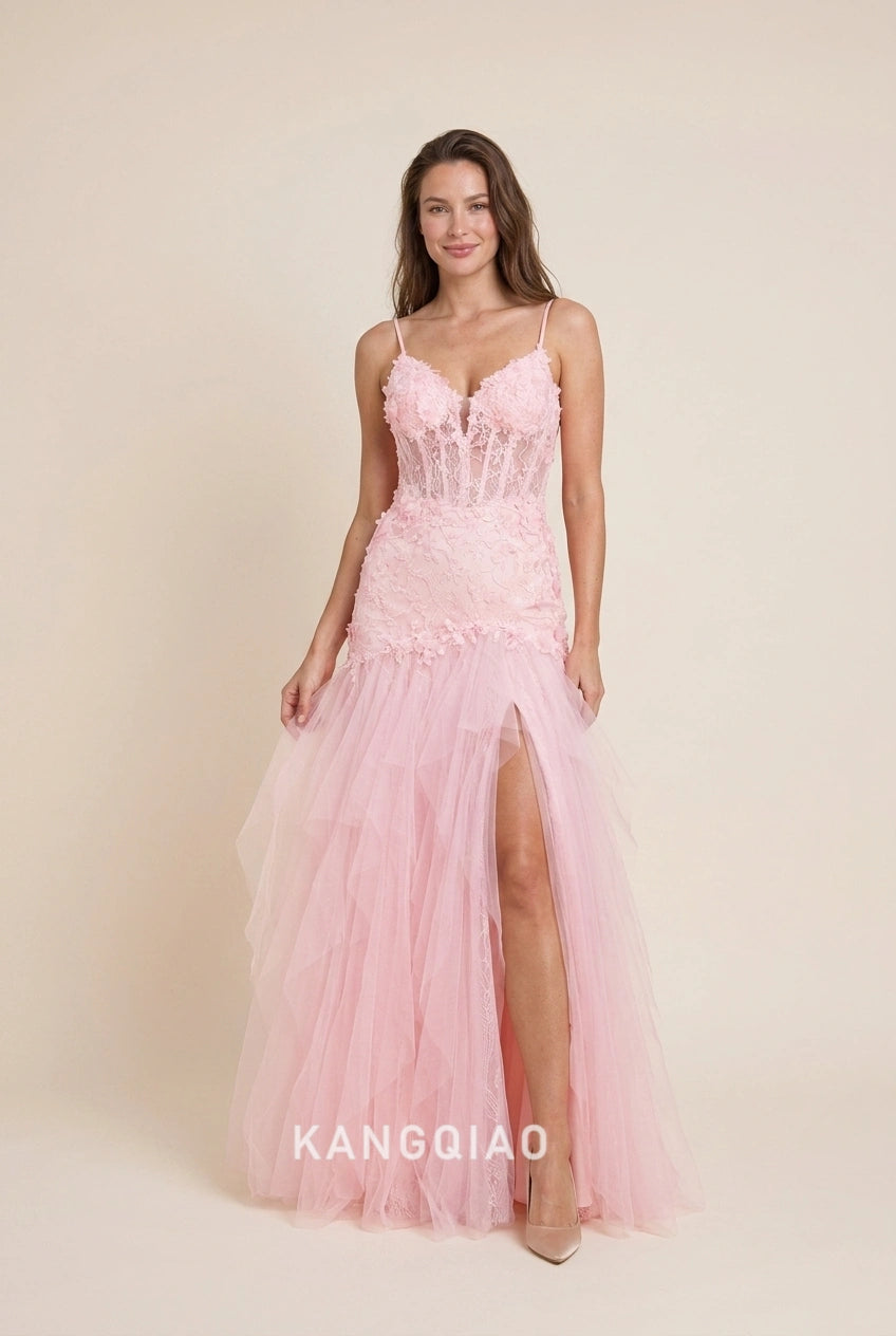 Elegant Mermaid Sweetheart Floral Lace Slit Pink Floor-Length Prom Dresses