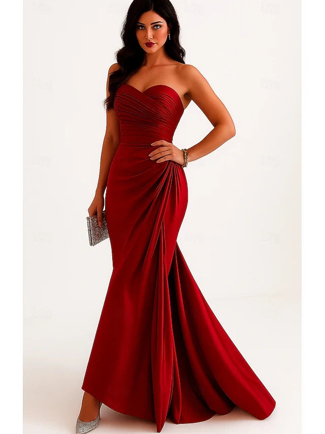 Elegant Mermaid Sweetheart Sleeveless Ruched Red Floor-Length Prom Gown