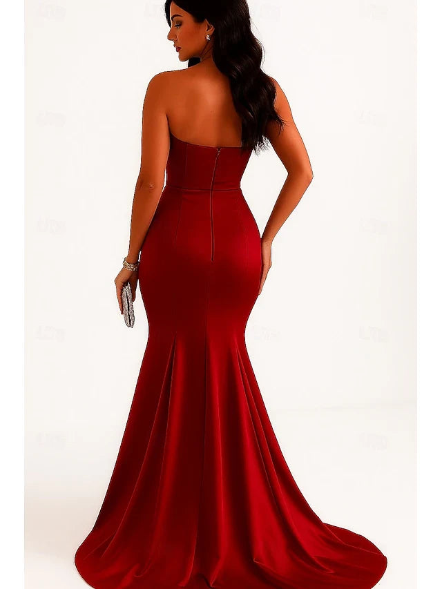 Elegant Mermaid Sweetheart Sleeveless Ruched Red Floor-Length Prom Gown