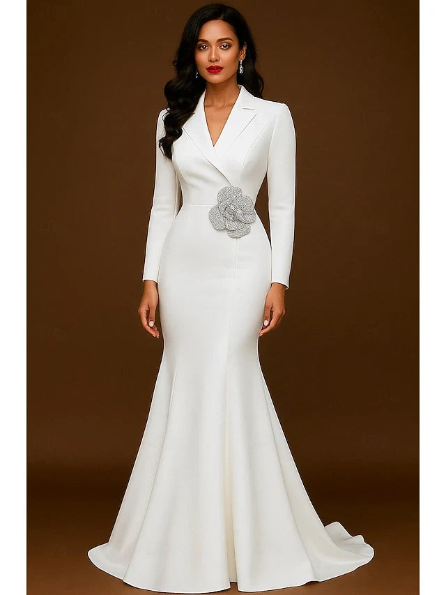 Elegant Mermaid V-Neck Long Sleeve Beaded White Floor-Length Prom Gown