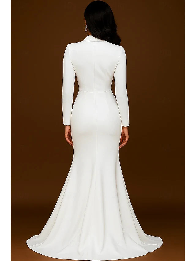 Elegant Mermaid V-Neck Long Sleeve Beaded White Floor-Length Prom Gown