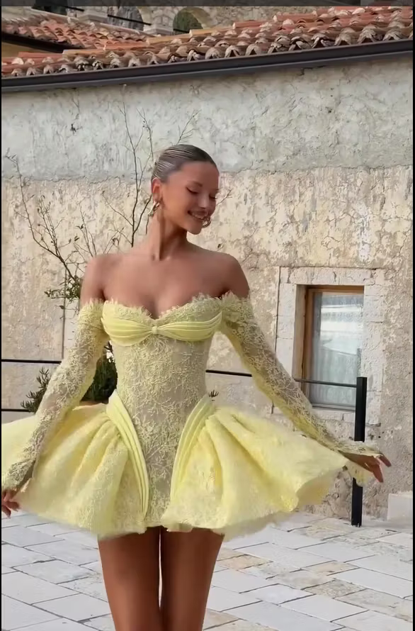 Elegant Off-Shoulder Long Sleeve Lace Ruffled Lemon Yellow Mini Homecoming Dress