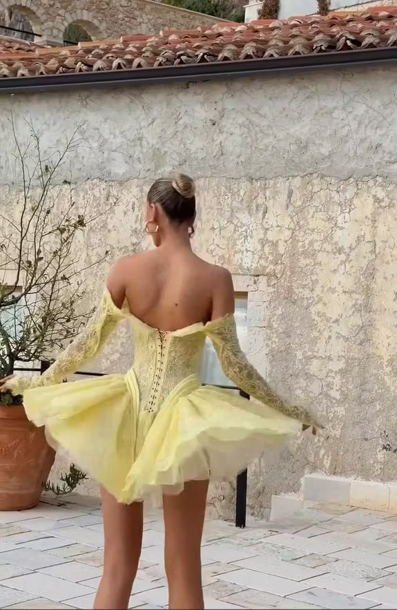 Elegant Off-Shoulder Long Sleeve Lace Ruffled Lemon Yellow Mini Homecoming Dress