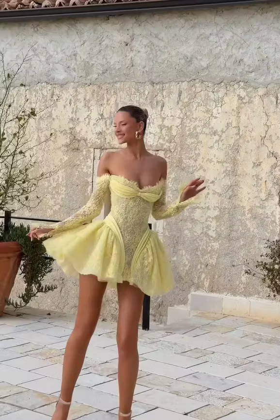 Elegant Off-Shoulder Long Sleeve Lace Ruffled Lemon Yellow Mini Homecoming Dress