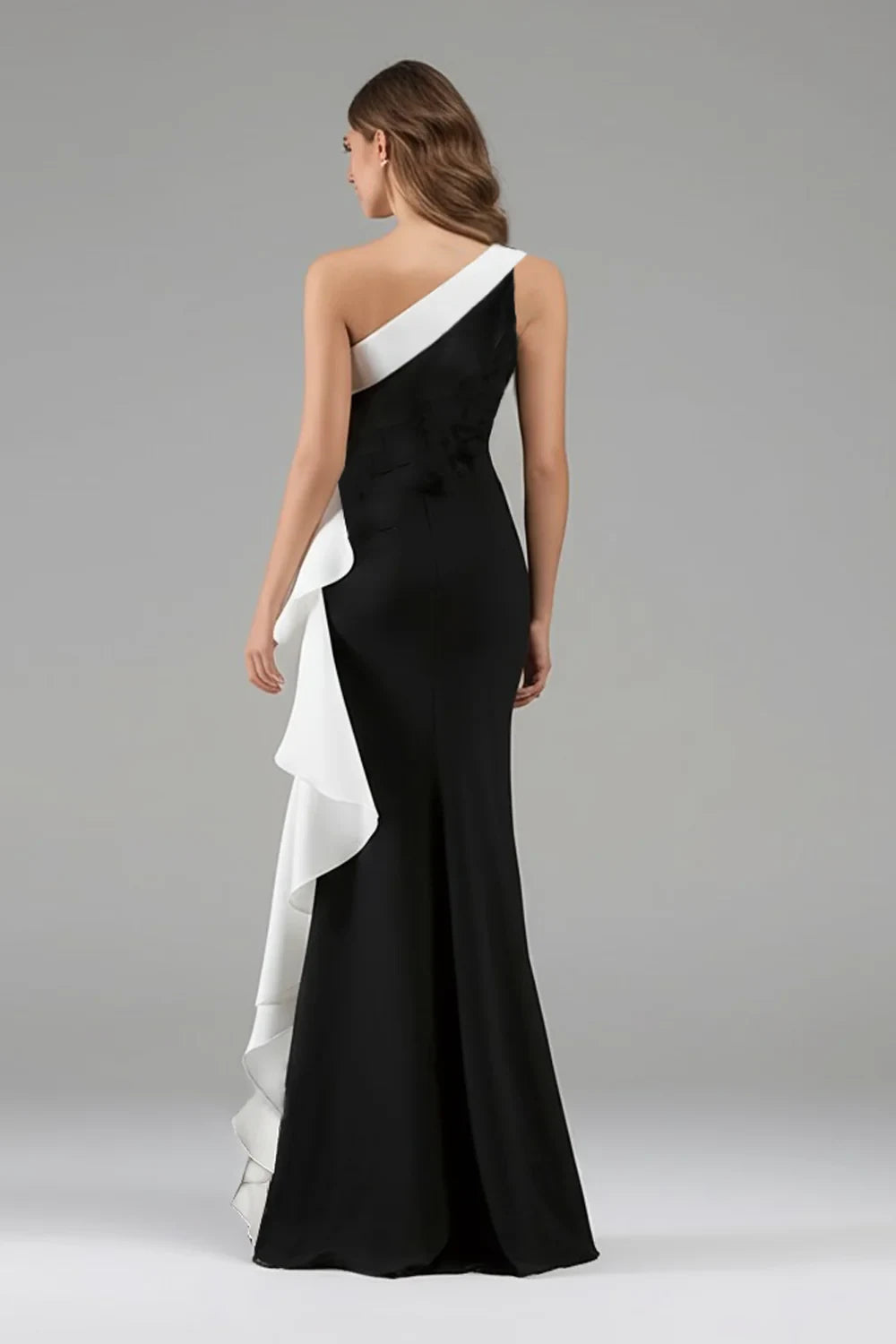 Elegant One-Shoulder Sleeveless Ruffled Two-Tone Black White Floor-Length Prom Dresses Gown