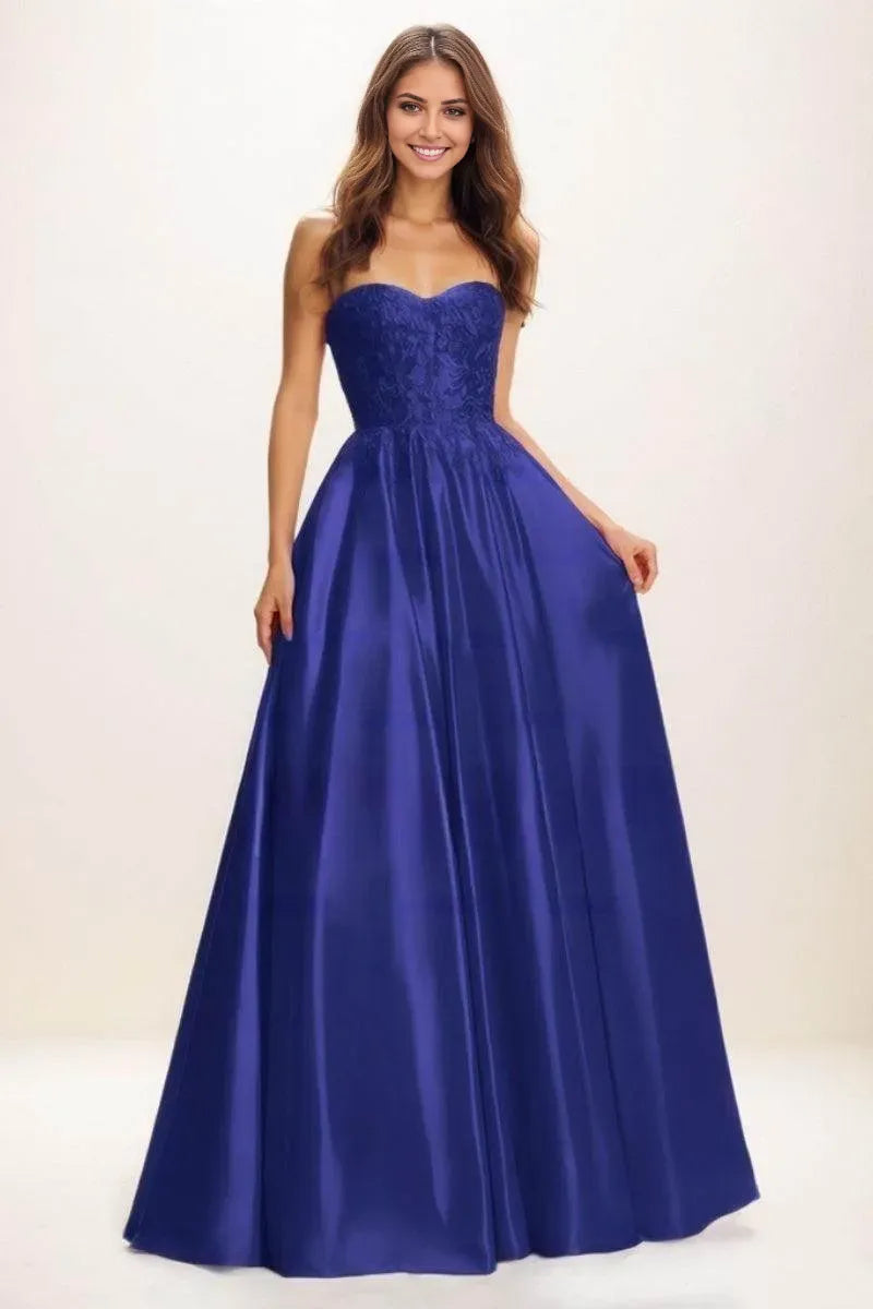Elegant Royal Blue A-Line Sweetheart Neck Strapless Back Zip Floor-Length Lace Satin Prom Dresses