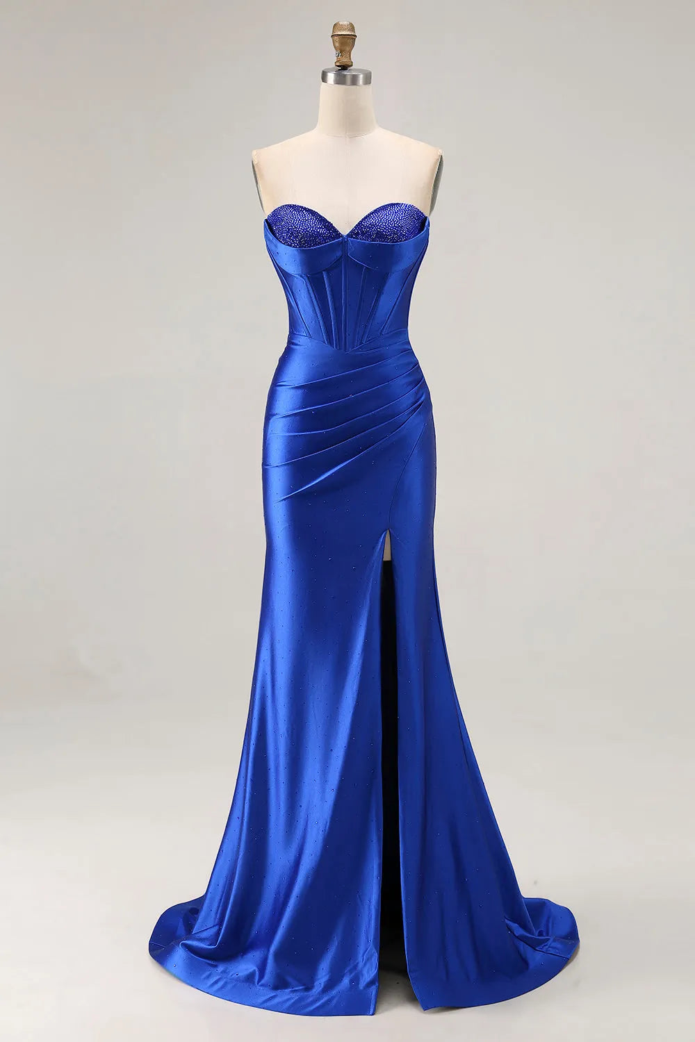 Elegant Royal Blue Mermaid Strapless Sleeveless Back Zip Beading Embellished Ruched High-Slit Satin Floor-Length Prom Dresses