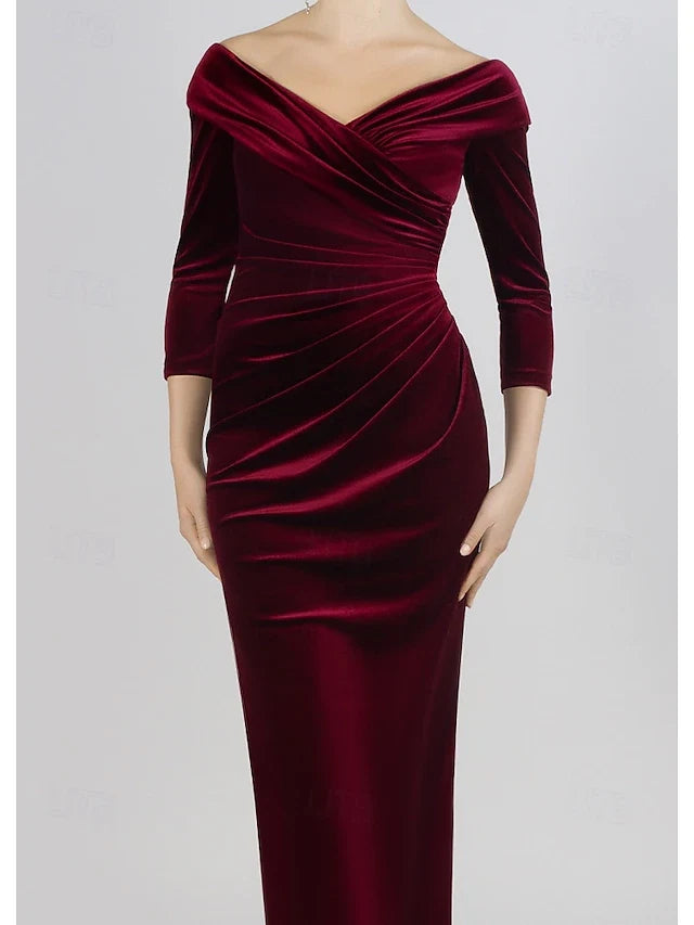 Elegant Ruched Off-Shoulder V-Neck Three-Quarter Sleeve Burgundy Floor-Length Prom Gown