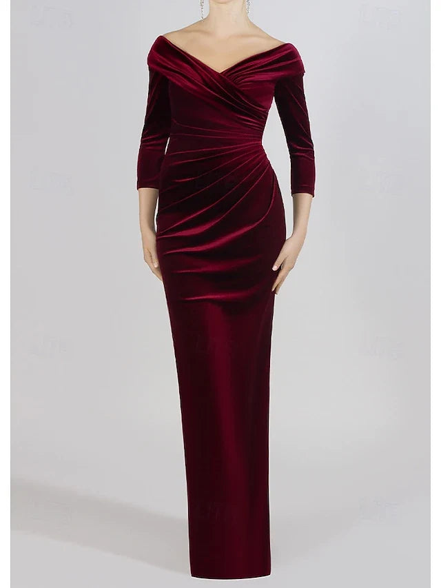 Elegant Ruched Off-Shoulder V-Neck Three-Quarter Sleeve Burgundy Floor-Length Prom Gown