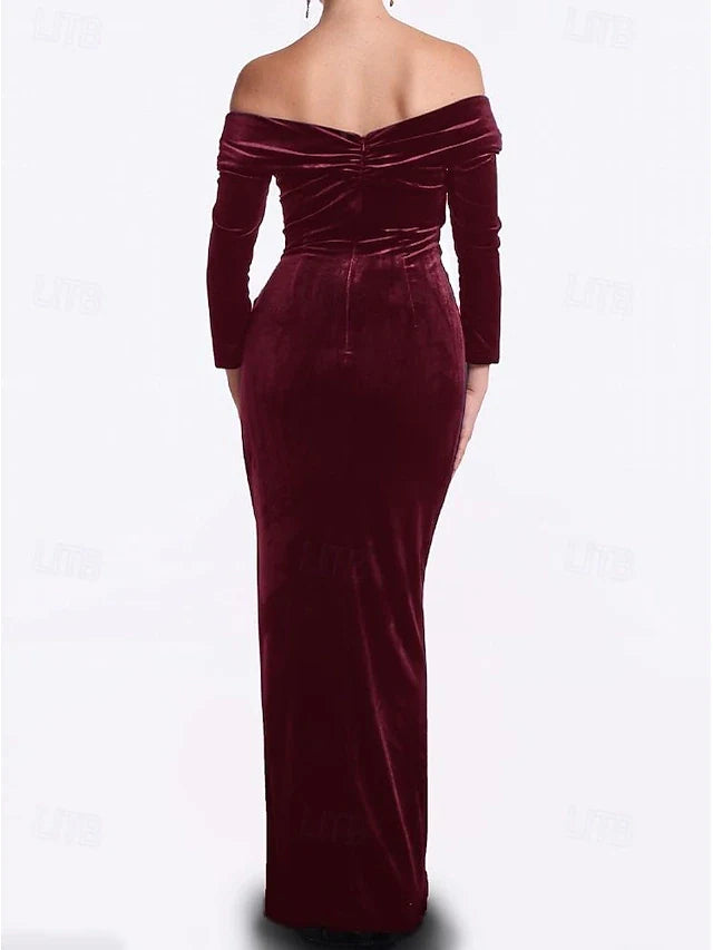 Elegant Ruched Off-Shoulder V-Neck Three-Quarter Sleeve Burgundy Floor-Length Prom Gown