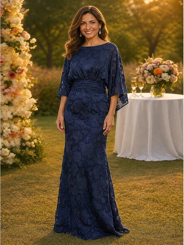 Elegant Sheath Boat Neck Batwing Sleeves Navy Blue Floral Prom Gown