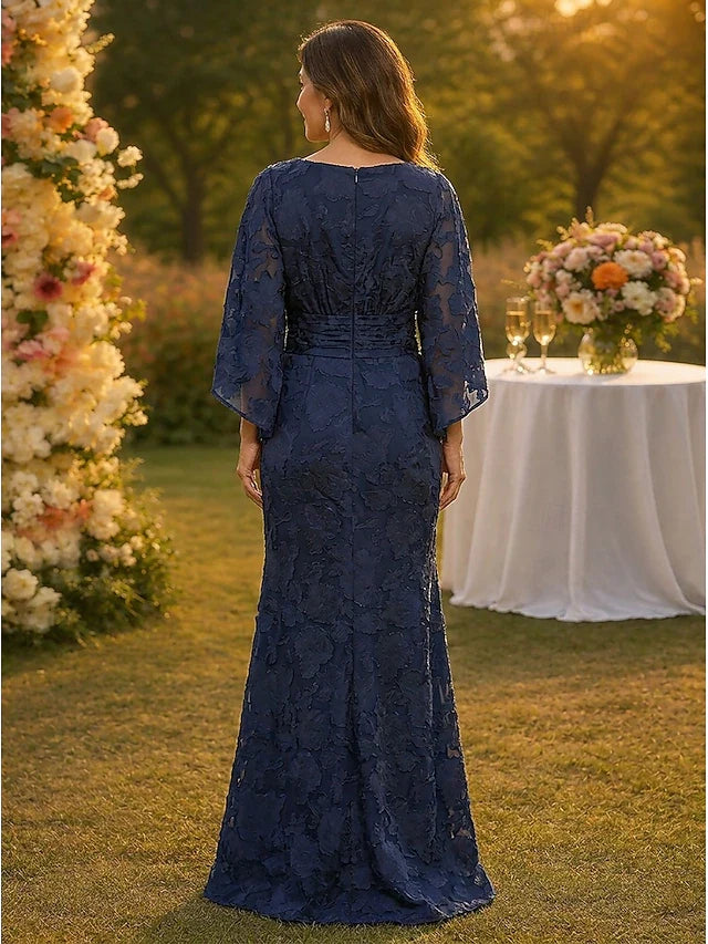 Elegant Sheath Boat Neck Batwing Sleeves Navy Blue Floral Prom Gown