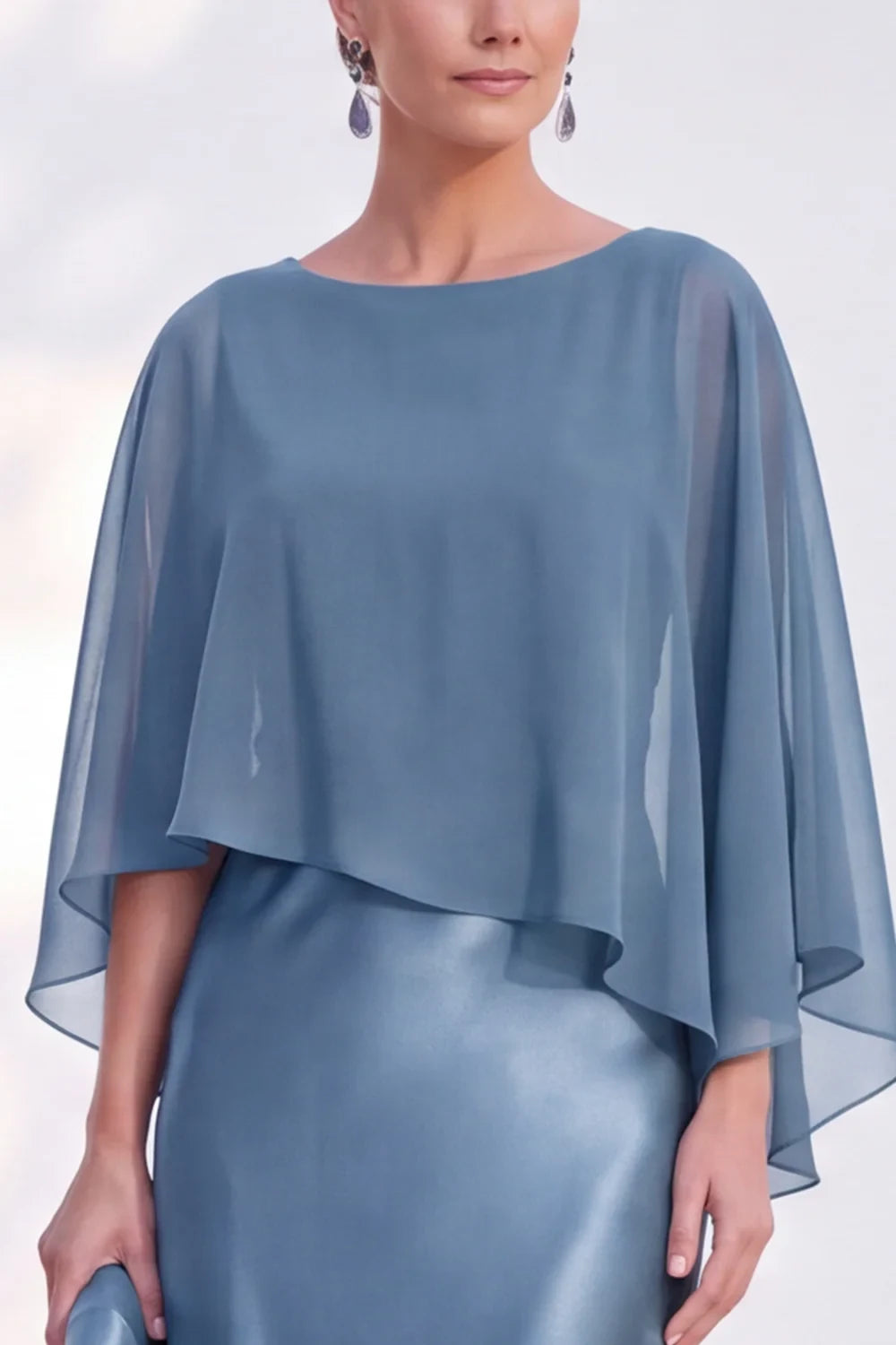 Elegant Sheath Boat Neck Cape Overlay Chic Dusty Blue Floor-Length Homecoming Women's Gown