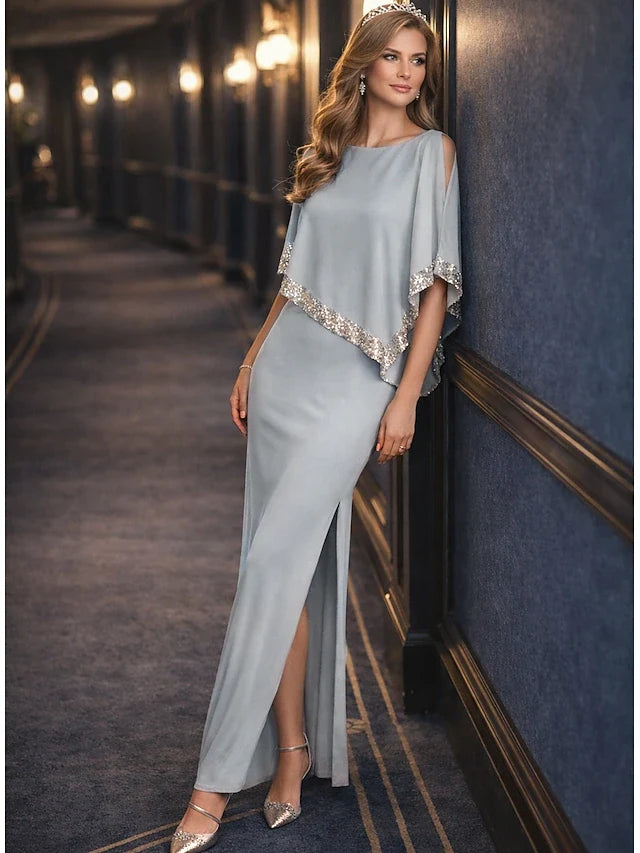 Elegant Sheath Boat Neck Cold Shoulder Sequin Dusty Blue Floor-Length Prom Gown