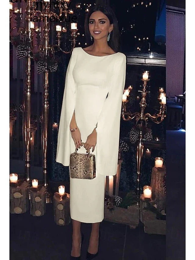 Elegant Sheath Boat Neck Long Cape Sleeves Sophisticated Backless Cream Midi Prom Dress
