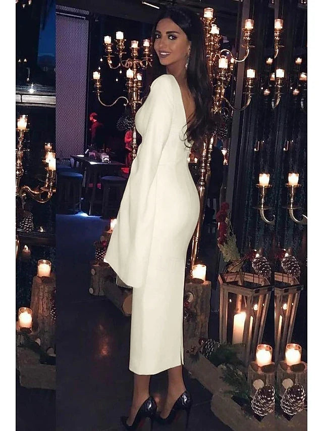 Elegant Sheath Boat Neck Long Cape Sleeves Sophisticated Backless Cream Midi Prom Dress