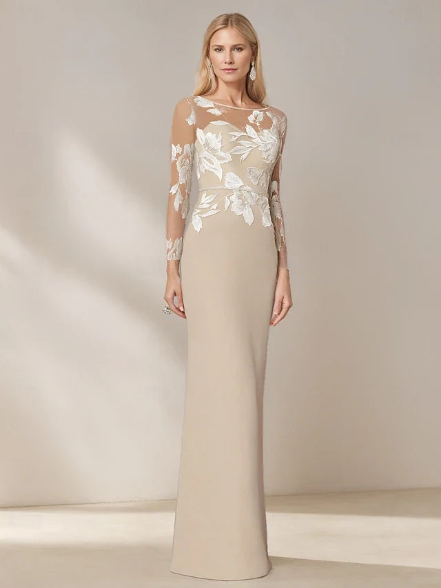 Elegant Sheath Boat Neck Long Sleeve Floral Illusion Beige Floor-Length Prom Gown