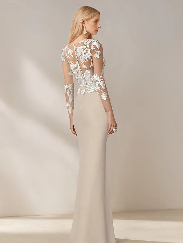 Elegant Sheath Boat Neck Long Sleeve Floral Illusion Beige Floor-Length Prom Gown