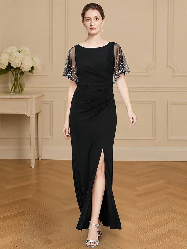 Elegant Sheath Boat Neck Short Sleeve Beaded Black Floor-Length Prom Dress