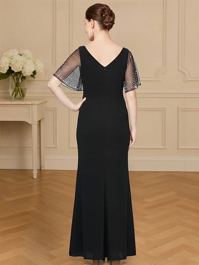 Elegant Sheath Boat Neck Short Sleeve Beaded Black Floor-Length Prom Dress