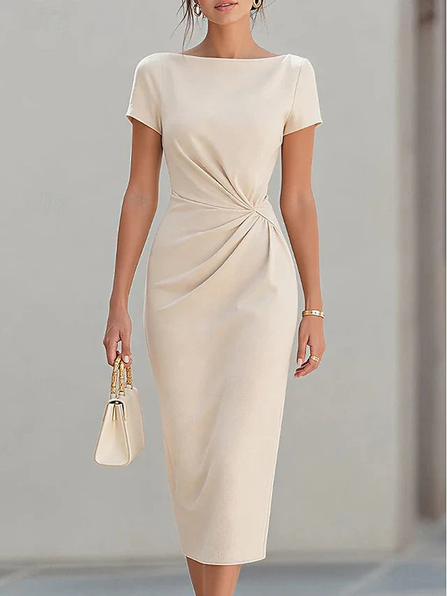 Elegant Sheath Boat Neck Short Sleeve Ruched Beige Midi Prom Dress