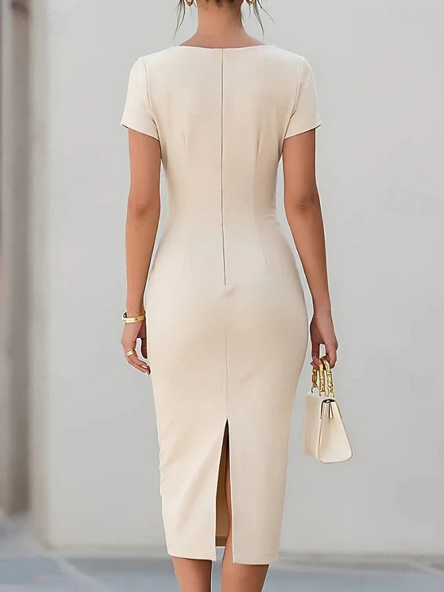 Elegant Sheath Boat Neck Short Sleeve Ruched Beige Midi Prom Dress