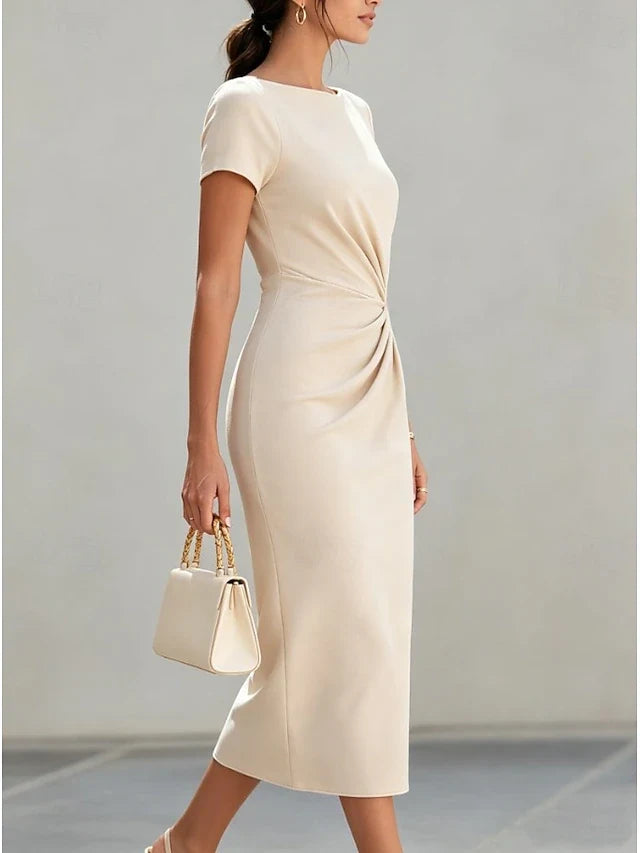 Elegant Sheath Boat Neck Short Sleeve Ruched Beige Midi Prom Dress