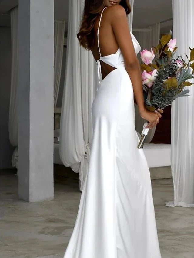 Elegant Sheath Cowl Neck Sleeveless Backless White Floor-Length Prom Dresses Women Gown