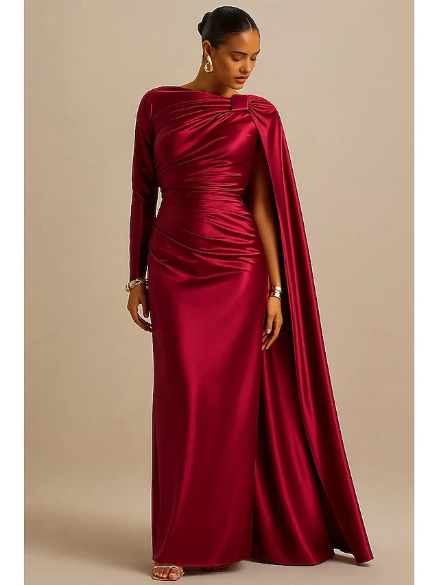 Elegant Sheath Draped Boat Neck Long Sleeve Burgundy Floor-Length Prom Gown