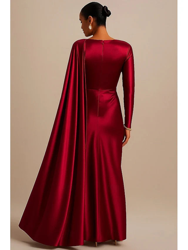 Elegant Sheath Draped Boat Neck Long Sleeve Burgundy Floor-Length Prom Gown