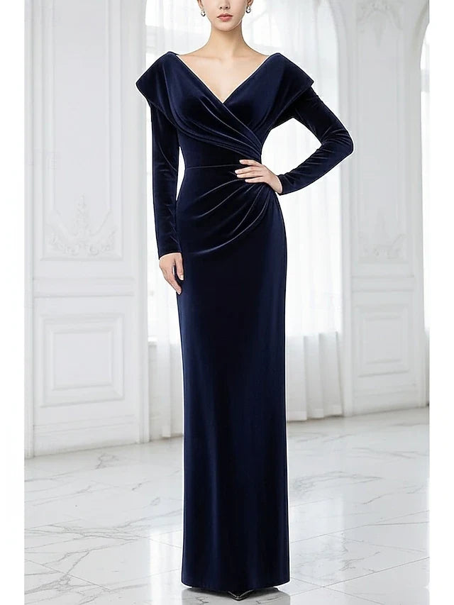 Elegant Sheath Draped V-Neck Long Sleeve Luxurious Navy Blue Floor-Length Prom Gown