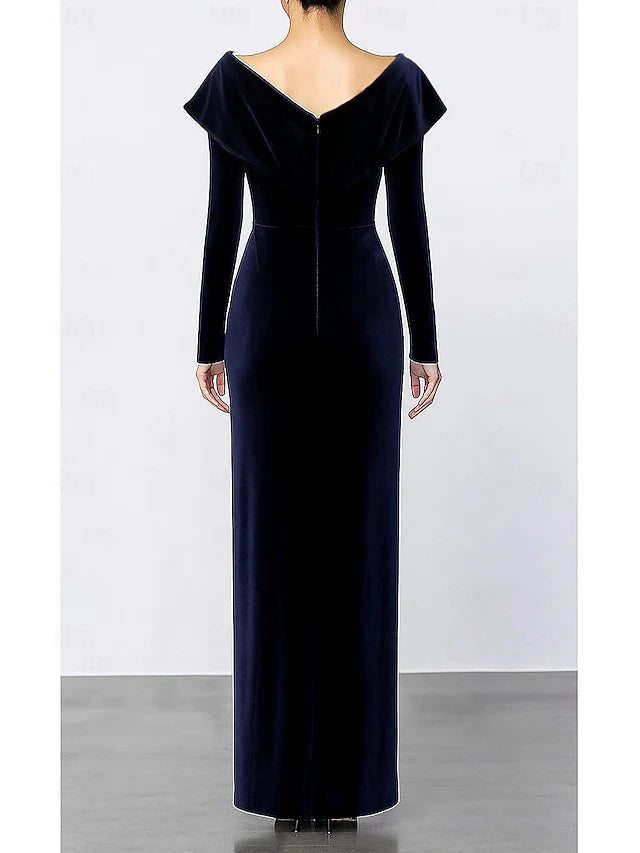 Elegant Sheath Draped V-Neck Long Sleeve Luxurious Navy Blue Floor-Length Prom Gown
