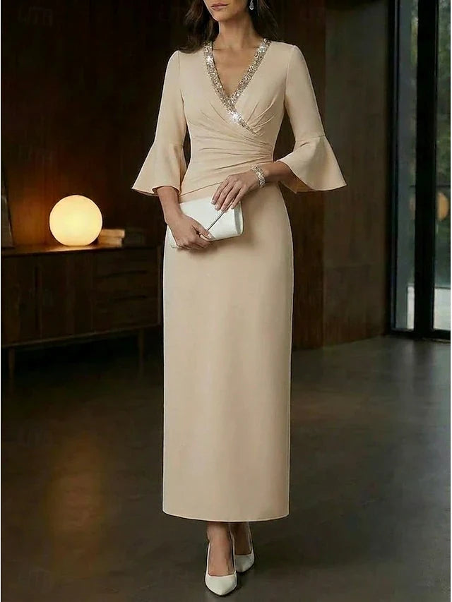Elegant Sheath Embellished V-Neck Bell Sleeve Ruched Champagne Floor-Length Prom Dresses for Women