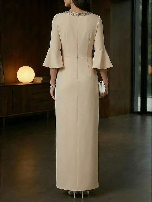 Elegant Sheath Embellished V-Neck Bell Sleeve Ruched Champagne Floor-Length Prom Dresses for Women