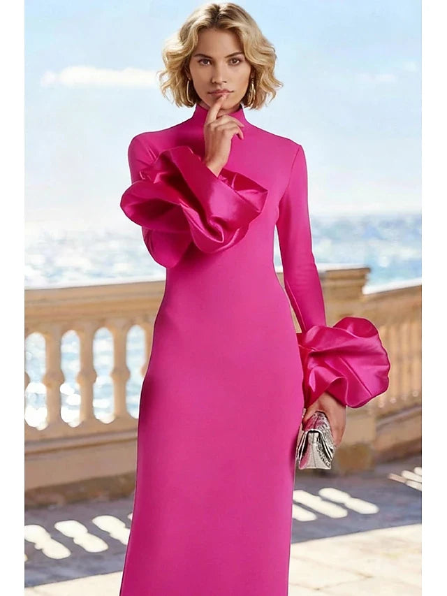 Elegant Sheath High Neck Long Sleeve Ruffled Fuchsia Floor-Length Prom Dress Women's