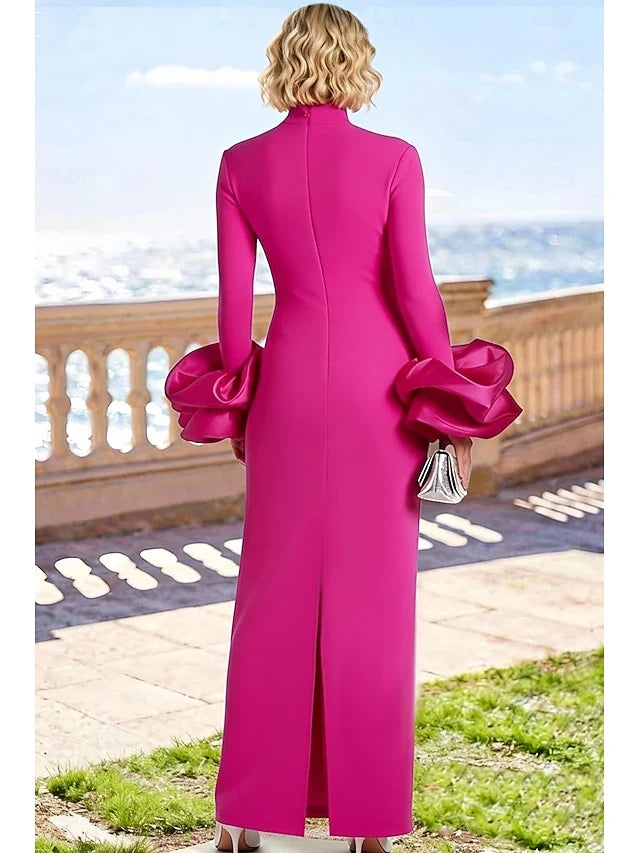 Elegant Sheath High Neck Long Sleeve Ruffled Fuchsia Floor-Length Prom Dress Women's