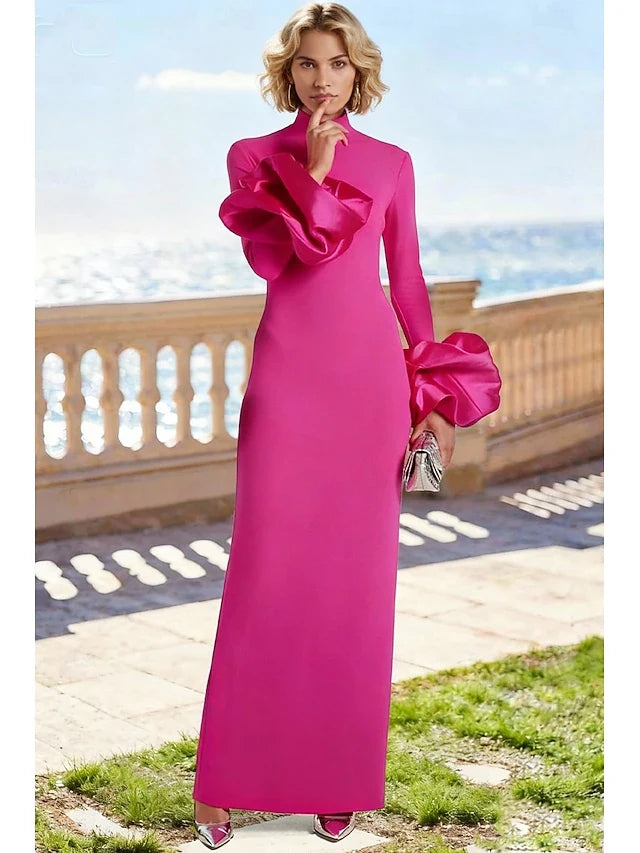 Elegant Sheath High Neck Long Sleeve Ruffled Fuchsia Floor-Length Prom Dress Women's
