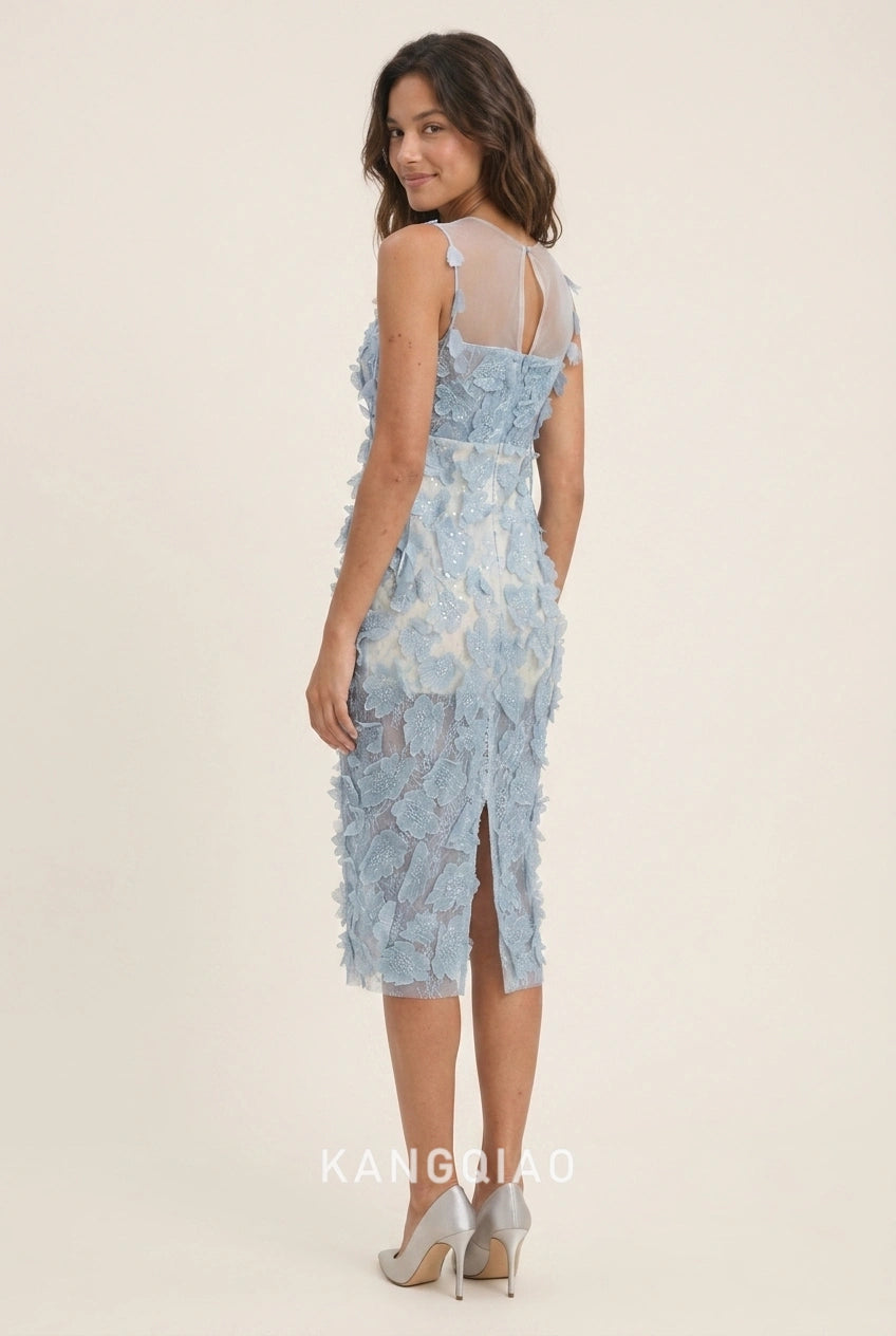 Elegant Sheath Illusion Neck Applique Floral Light Blue Midi Prom Dresses