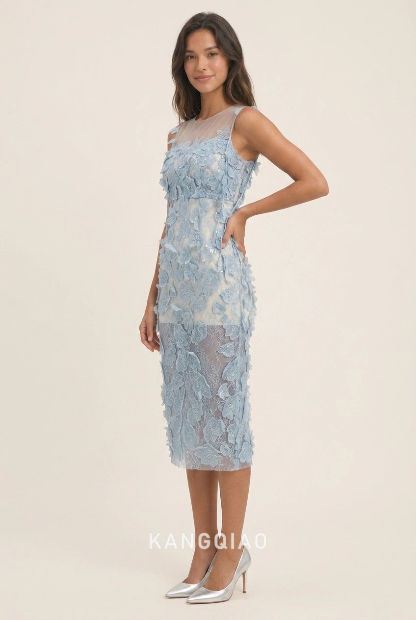 Elegant Sheath Illusion Neck Applique Floral Light Blue Midi Prom Dresses