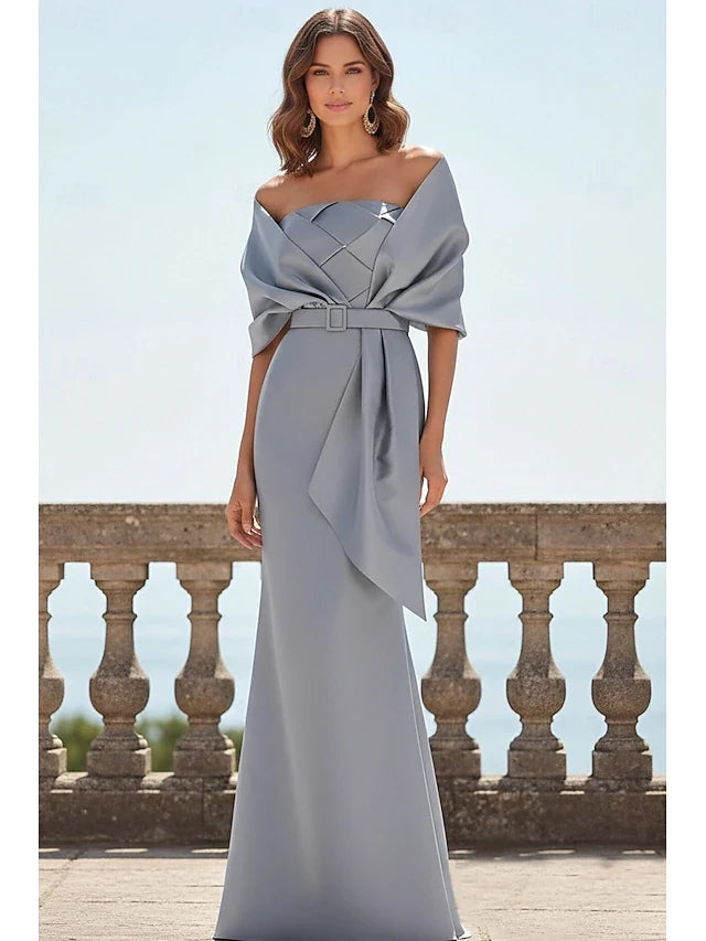 Elegant Sheath Off-Shoulder Draped Belted Dove Grey Floor-Length Prom Gown