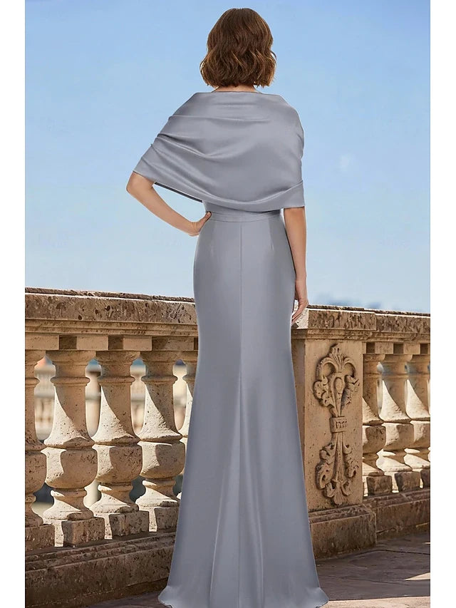 Elegant Sheath Off-Shoulder Draped Belted Dove Grey Floor-Length Prom Gown