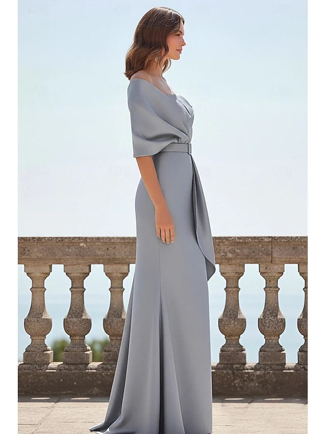 Elegant Sheath Off-Shoulder Draped Belted Dove Grey Floor-Length Prom Gown