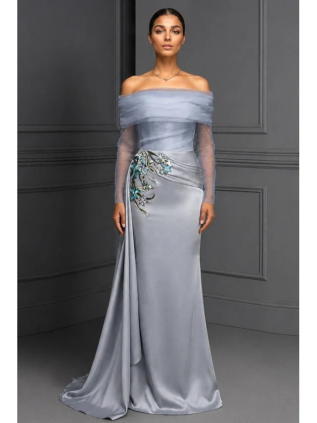 Elegant Sheath Off-Shoulder Long Sleeve Embellished Draped Silver Floor-Length Prom Gown